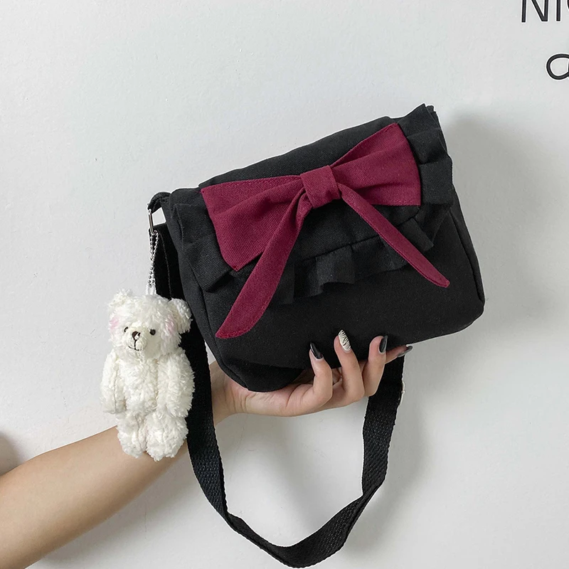 Women Bag Lolita Sweet Canvas Flap Bow Lady Solid Zipper Soft Shoulder Bag Pures And Bags Crossbody Japan Style