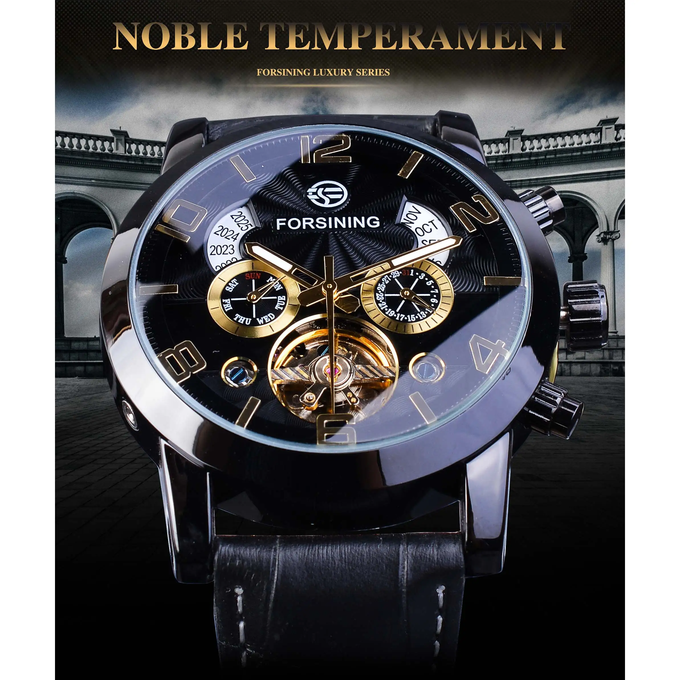 Forsining Tourbillion Fashion Wave Black Golden Clock Multi Function Display Mens Automatic Mechanical Watches Top Brand Luxury