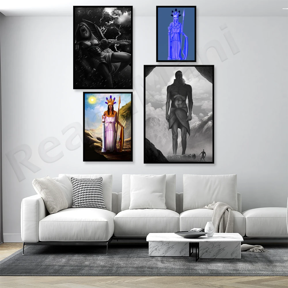 Paallas Athena perwinkle, Prometheus e Eagle pittura in scala di grigi, ciclope che si accosta Odysseus La mitologia Art Poster
