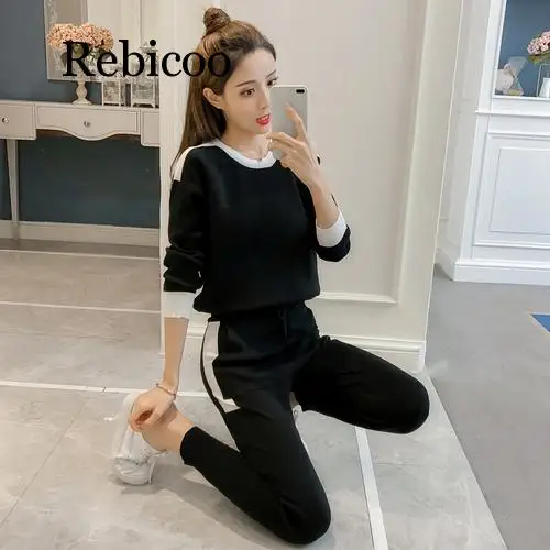 Fashion Patchwork Tracksuit Women Long Sleeve Pullover Sweater + Casual Full Length Korean Female Knitted Slim 2 Pcs Set