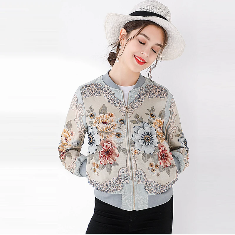 Women Embroidered Bomber Jacket Beaded Retro Jcquard Beaded Jacket Zipper Short Thin Coat Basic Jackets Casual Outerwear