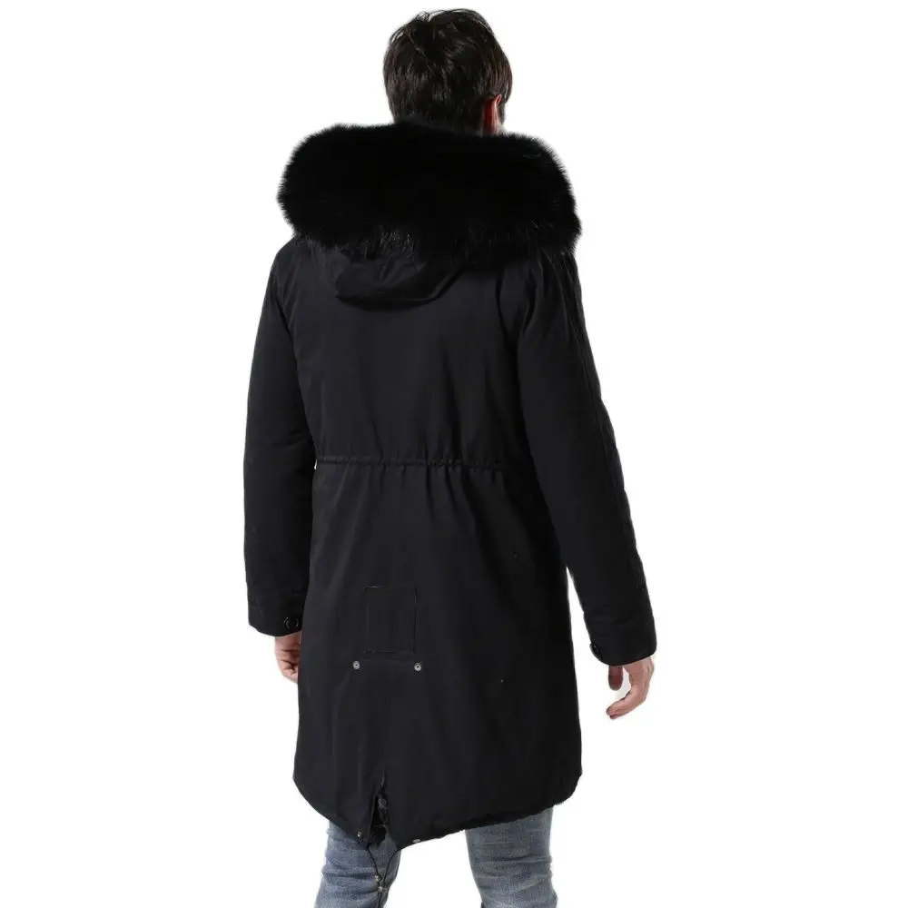 Stylish And Classic All Black Long Parka Faux Fur Lined Jacket Coat For Men Plus Size Winter Overcoat