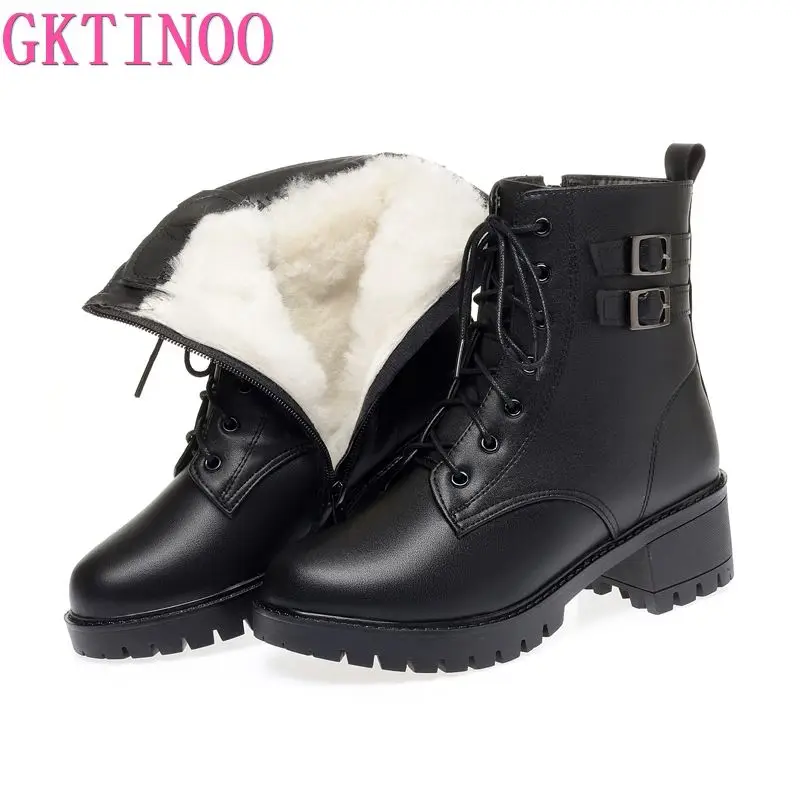 GKTINOO, botas de invierno para mujer, talla grande, nuevas botas de nieve cálidas de lana Natural para mujer, botas cortas de cuero genuino de tacón medio para mujer