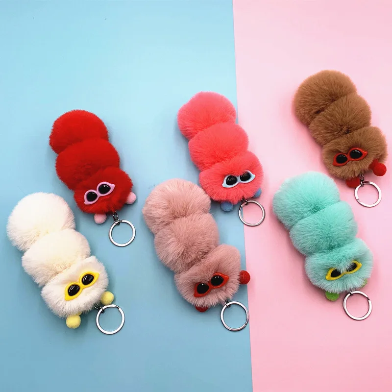 New Cute Caterpillar Keychain Cute Candy Color Cartoon Plush Bag Pendant Car Key Chain Accessories K4176