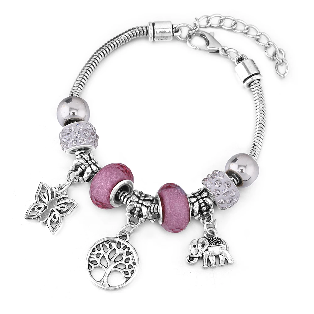 Nuevo brazalete de circón Árbol de la vida, pulsera de estilo de 6 colores, hebilla de langosta, cadena de serpiente, brazaletes con cuentas, joyería con dijes de mariposa y elefante