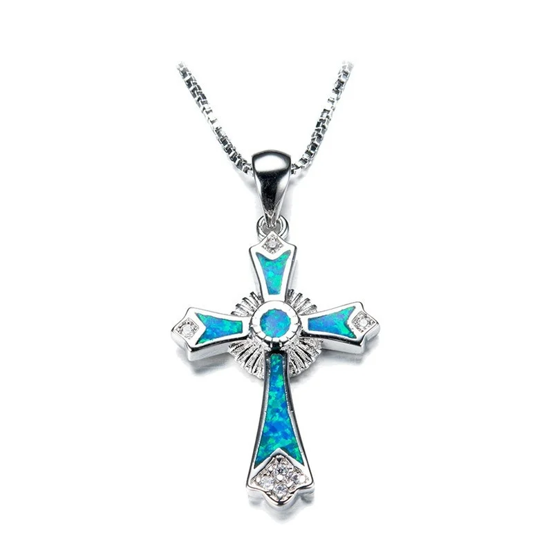 2024 Fashion Women Necklace Statement Wedding Jewelry Vintage Imitation Fire Opal Cross Pendants Necklaces For Men Accessories