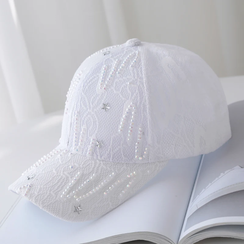 Summer Women\'s Hat Korean Fashion Wild Rhinestone Outdoor Sunscreen Baseball Caps Ladies Lace Thin Breathable Mesh Cap