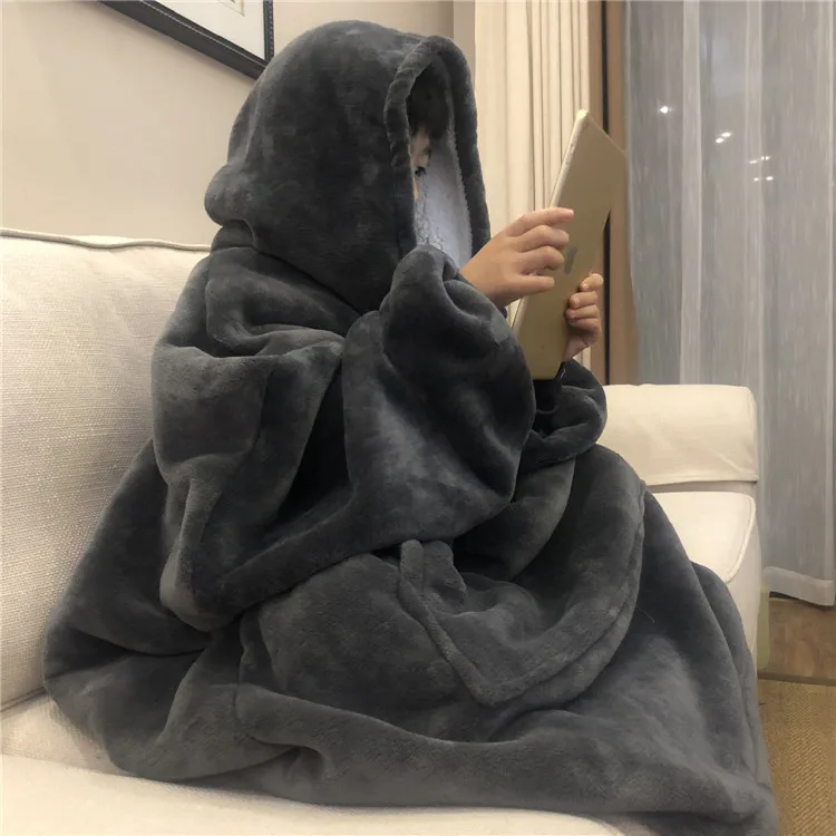 

Winter Warm TV Pocket Hooded Blankets Adults Kids Bathrobe Sofa Cozy Blanket Sweatshirt Plush Coral Fleece Blankets Outwears