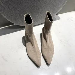 Autumn New Fashion Women Boots Pointed Toe Yarn Elastic Ankle Boots suede Thick Heel Shoes Female Socks Boots Bota Feminina