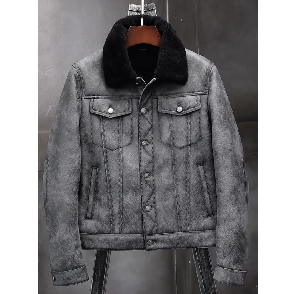 Denny&Dora Mens Sheepskin Shearling Jacket B3 Flight Jacket Aviator Winter Coat Fur Bomber Leather Jacket Gray Denim Jacket