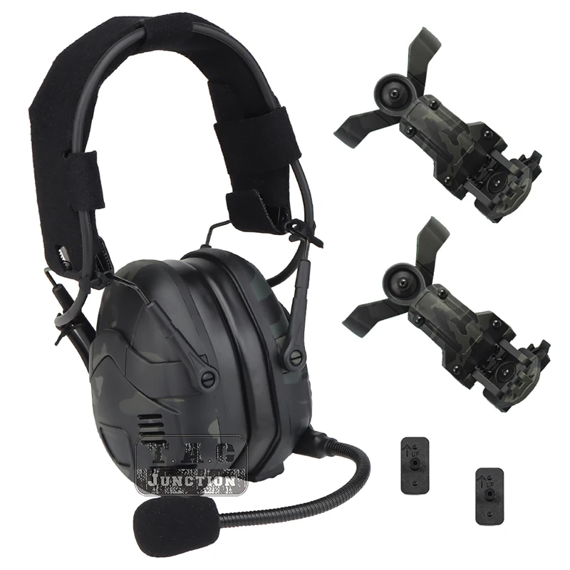 Tactical Military Noise Reduction Communication Headset Set Bluetooth Ear Muffs W/ Helmet Rail Mount Kit Multicam Black