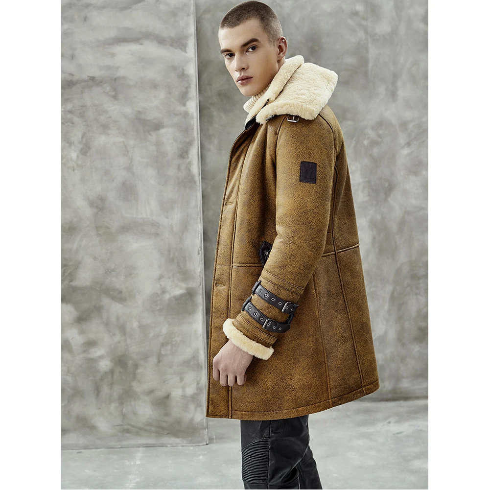 男性用デニー & ドラシャーリングボンバージャケット,ロングスタイルのレザージャケット,冬のコート,毛皮,ヴィンテージ,ブラウン,b7