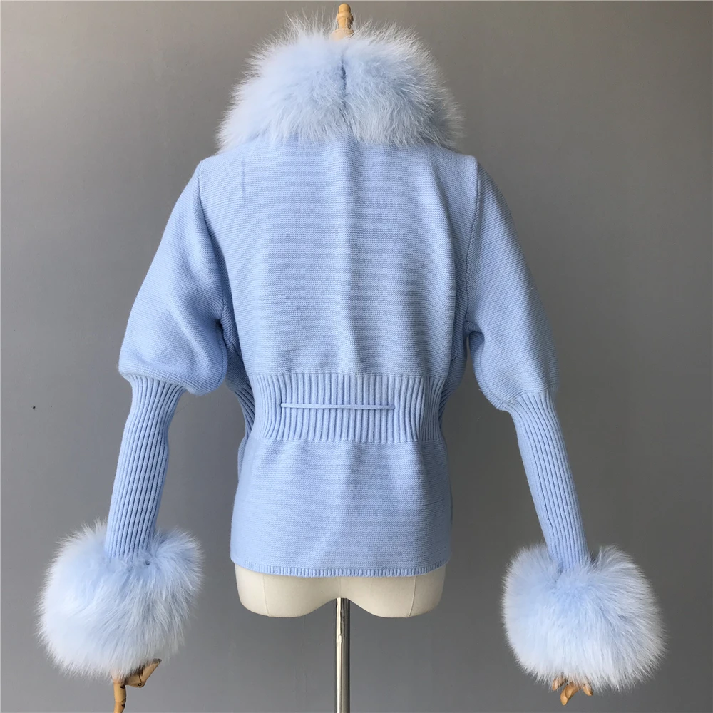 Jxwatcher Ladies Fur Sweater Women Real Fox Fur Short Sweater Bubble Sleeves Real Fox Fur Collar Wool Sweater Cardigan Jacket