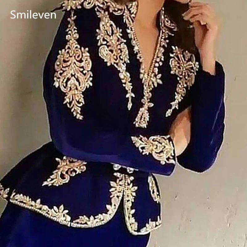 Smileven Royal Blue Karakou Algerian Caftan Evening Dresses Velvet Long Sleeve Detachable Belt Dubai Prom Party Gowns Customized