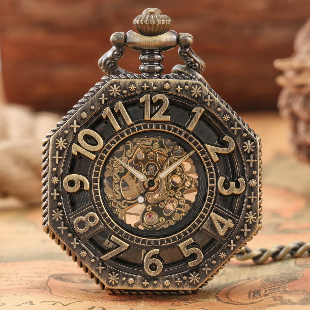 

Vintage Bronze Octagonal Digital Hollow Skeleton Black Manual Mechanical Pocket Watch Hand Winding Arabic Numbers Chain Clocks