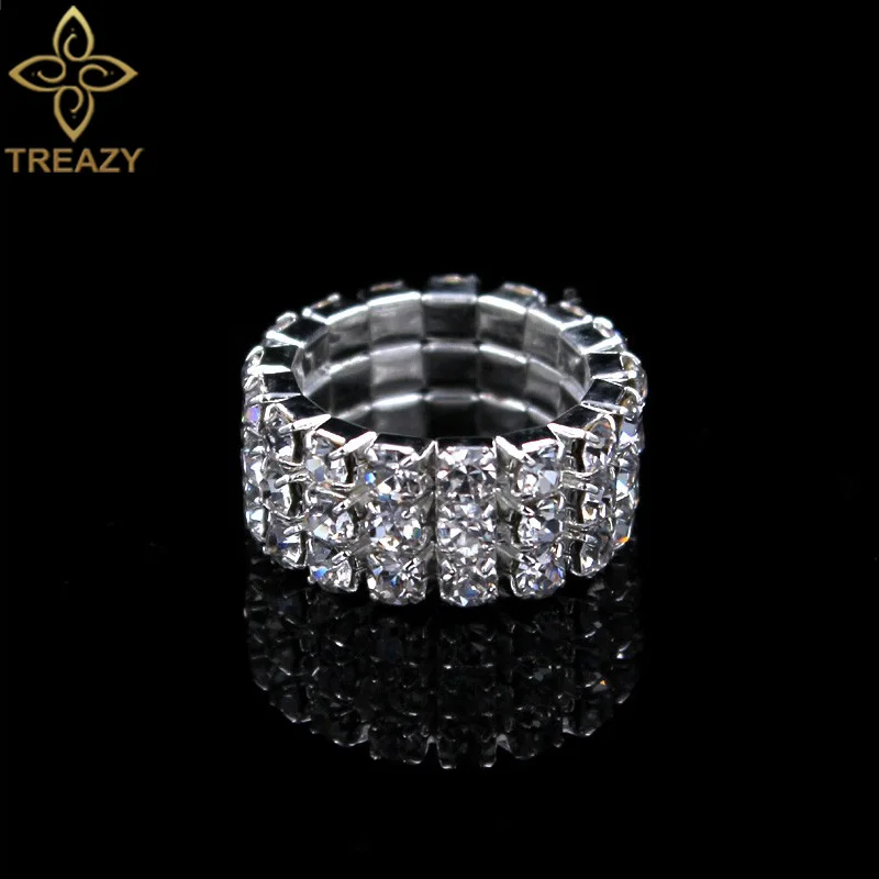 TREAZY 5pcs/lot Classic 3 rows Crystal Rhinestone Wedding Rings Sparkling Elastic Rings For Women Bridal Wedding Jewelry