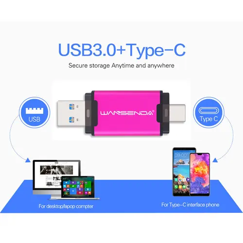 Imagen 2 del producto WANSENDA OTG unidad Flash USB 2 en 1 tipo C y USB 3,0 Pen Drive 512GB 256GB 128GB 64GB 32GB memoria USB Pendrive de alta velocidad