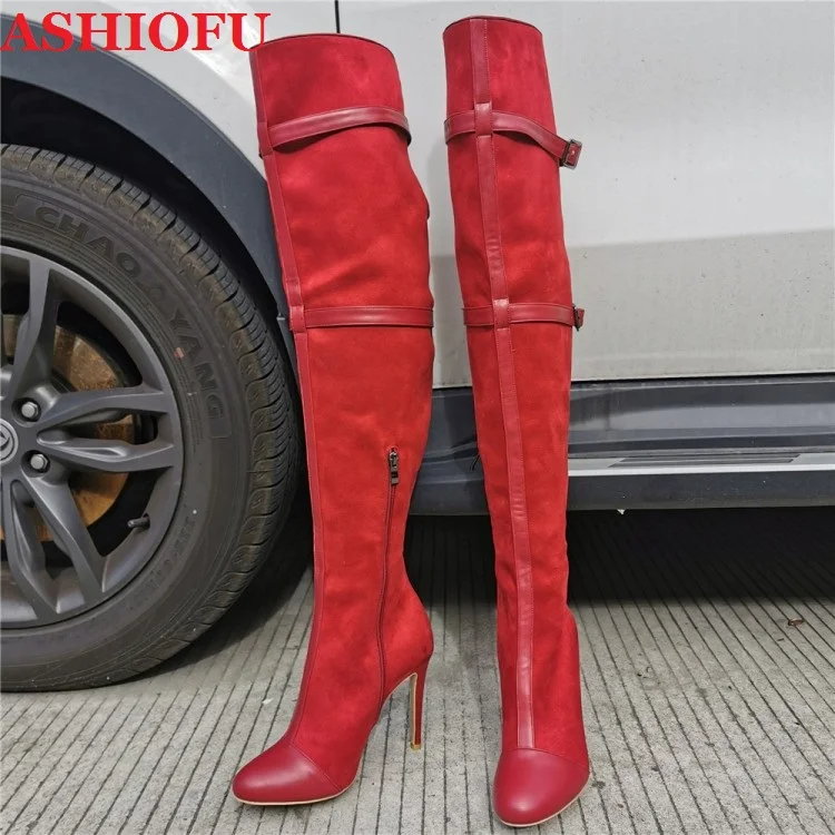 ASHIOFU New Style Real Photos Women's High Heels Boots Patchwork-leather Over Knee Boots Large Size Evening Club Winter Boots