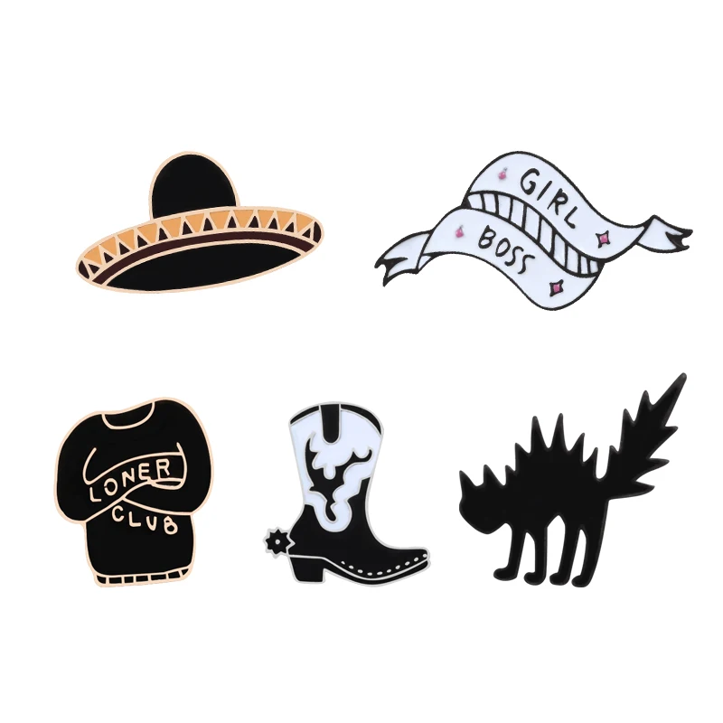 Fashion Black Cat Cowboy Hat Shoes Enamel Pin Girl Boss Brooches Jackets Clothes Collar Lapel Pin Badges Bag Accessories Jewelry