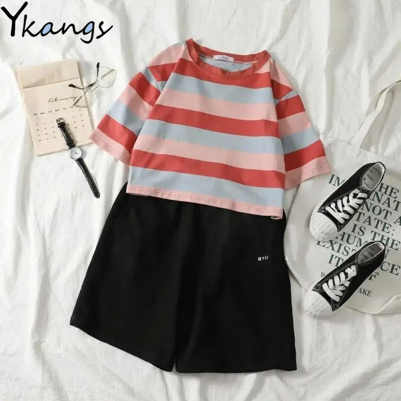 

Women Tracksuit Summer New Striped T-shirt High Waist Shorts Suit Korean Style Outdoor Sports Shorts Short Sleeve Two-piece Suit