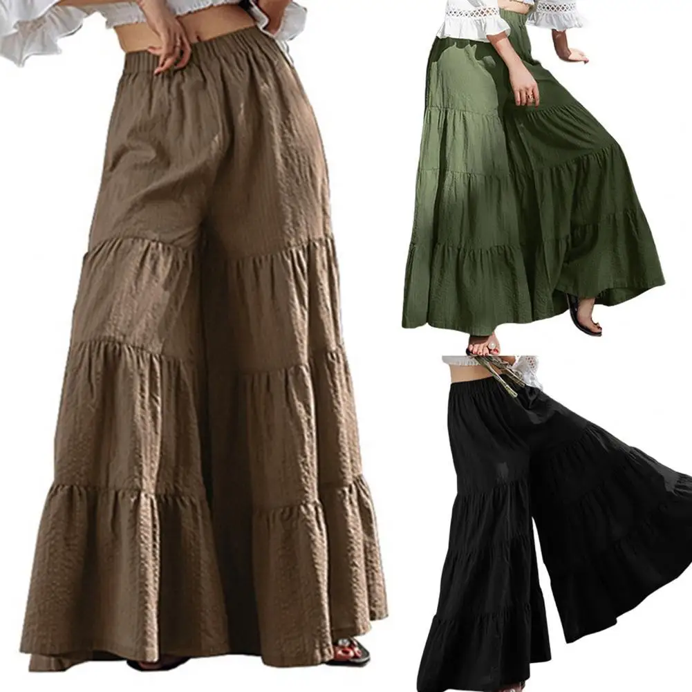 Vintage Trousers Skirt Ankle-length Sliced Craft Women Wide Leg Pants Layered Skirt for Outdoor  Elastic Waist  Plus Size