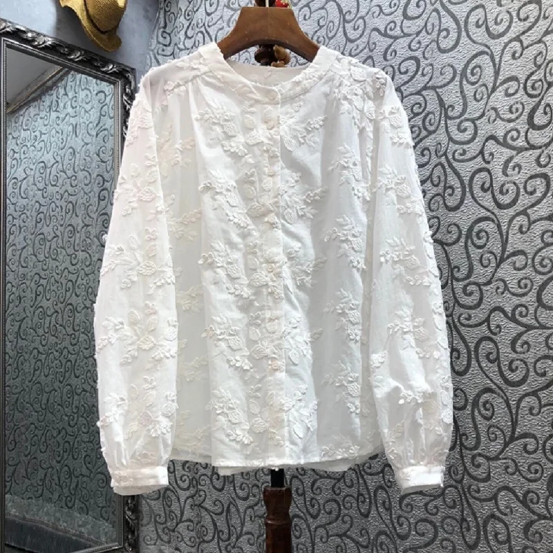 100%Cotton Shirts 2022 Spring Summer Fashion White Blue Blouses Women Appliques Embroidery Long Sleeve Casual Button Shirts