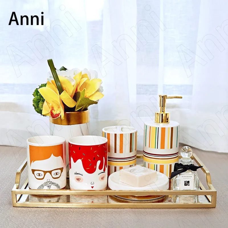 

Nordic Painted Bathroom Accessories Set Ceramic Creative Household Five Piece Set Restroom Toiletries Organizer Home Decoration