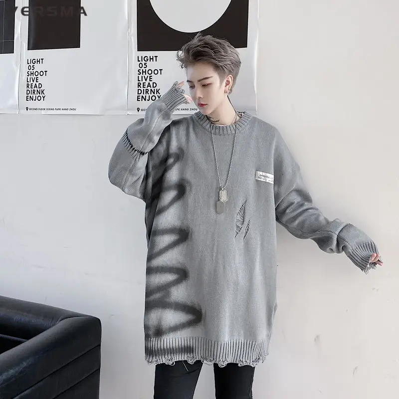 

VERSMA Korean Ulzzang Graffiti Print Ripped Hole Sweater Men Hip Hop Streetwear Oversized Knitted Tie Dye Vintage Sweater Male