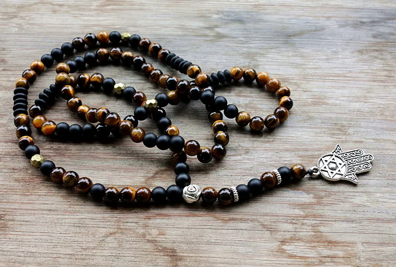 Unique Man\'s necklace with 6mm Natural stone beads and Hamsa Pendant Necklace Dropshipping