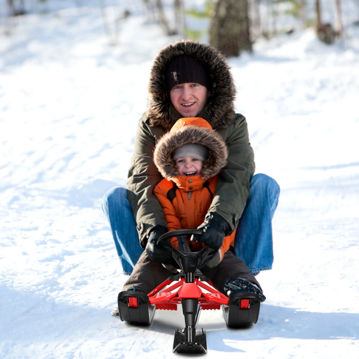 Trineo de carreras de nieve para niños con volante y frenos dobles, deslizador de nieve de cuerda