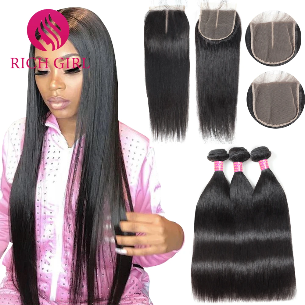 

Bundles with Closure Straight Hair Brazilian 3 Bundles with Lace Frontal Free Part 100% Unprocessed Remy Weave Natural Black