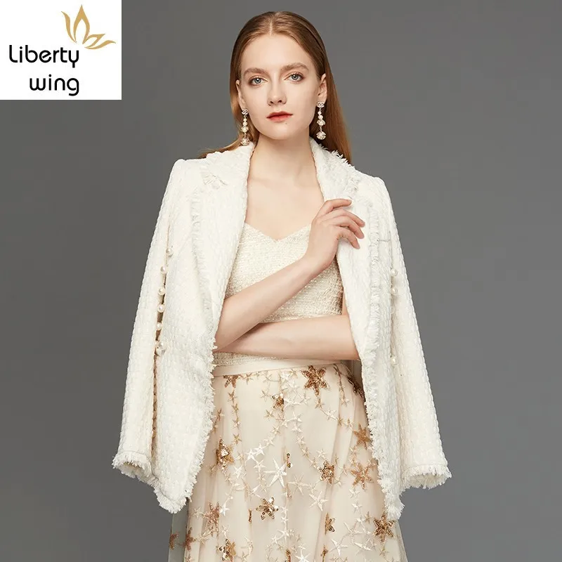 

Top Brand Autumn Coat Wool Spring Tweed Work Jacket Female High Quality Beading Formal Jackets For Women White Outerwear