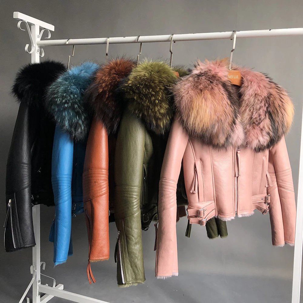 Echtes Leder Jacke Frauen 2021 Mode Echtem Schaffell Jacke Mit Großen Waschbären Pelz Kragen Streetwear Herbst Winter Mantel Frauen