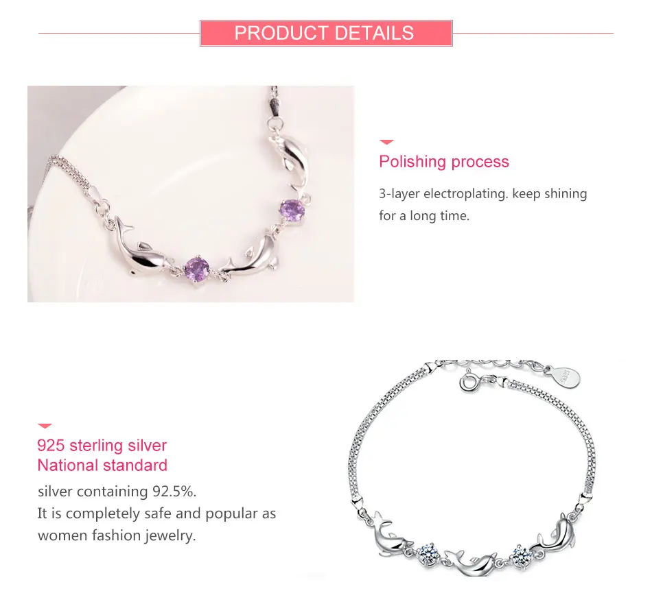 ZDADAN 925 Sterling Silber Kleiner Delfin Amethyst Charm Armband Kette für Damen Mode Party Schmuck Geschenk – Detail 2