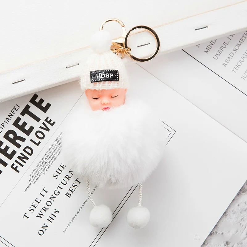 Fluffy Plush Sleeping Baby Hairball Doll Metal Keychain Various Color Keyring Bag Car Jewelry Lanyard Men Women Couple Cute Gift