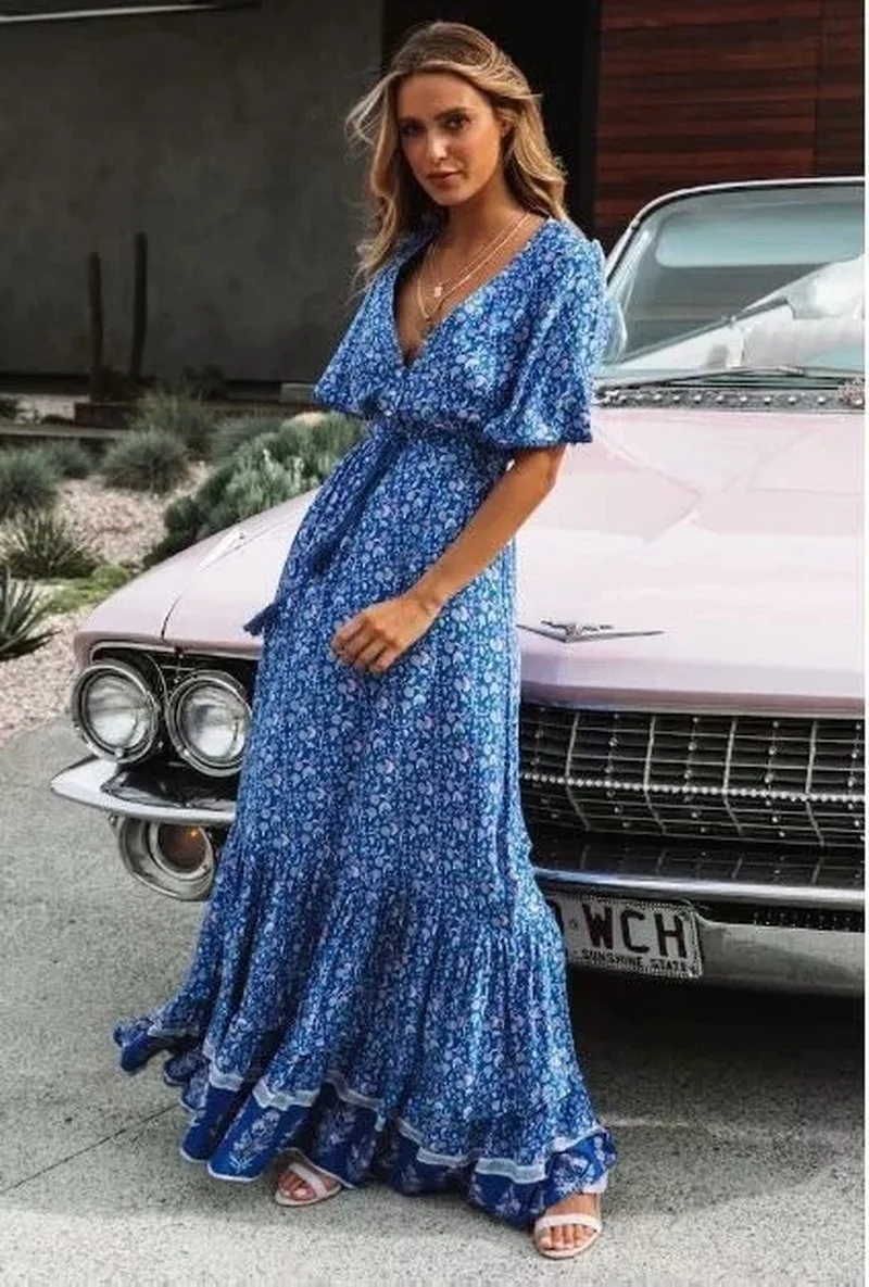 

2021 Elegant Casual Summer Bohemian Woman Dress Printing A-LINE V-Neck Collect Waist Draw String Ankle-Length Holiday Dress