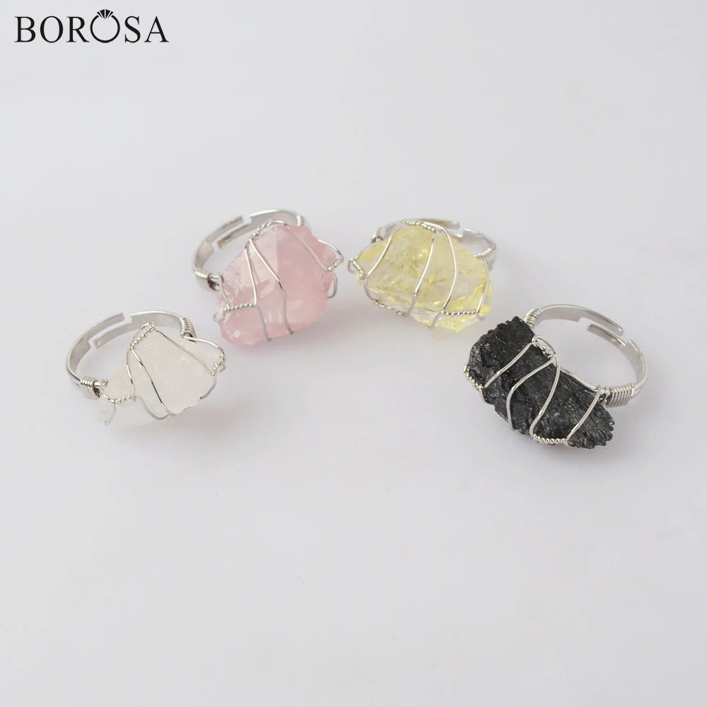 

Delicate Healing Crystal Rings for Women Wire Wrapped Ring Silver Plated Jewelry, Raw Fluorite Rose Crystal Black Tourmaline