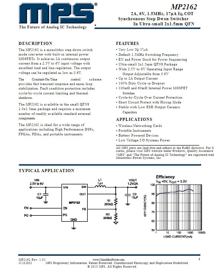 5-10pcs MP2162GQH-Z MP2162GQH AZ MP2162  2A, 6V, 1.5MHz, 17A IQ, COT Synchronous Step Dwon Switcher In Ultra-small 2x1.5mm  new