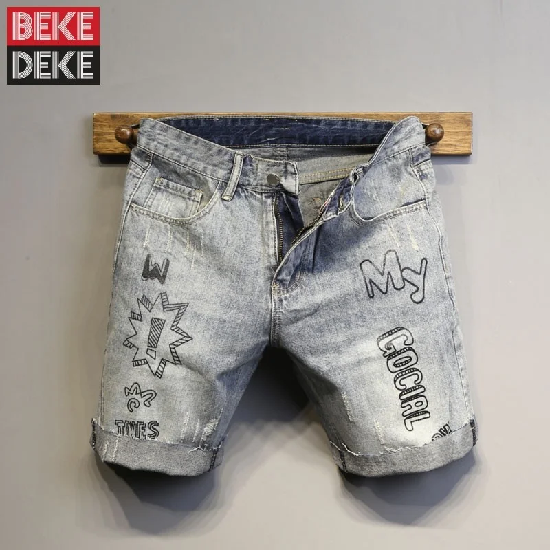 Retro Summer Blue Knee Length Trousers Mens Casual Shorts Button Slim Straight Printed Jeans Streetwear Ripped Denim Shorts Male