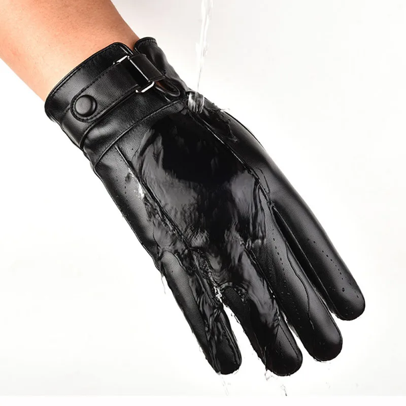 Guantes impermeables de piel sintética para hombre, manoplas de conducción de cuero fino para pantalla táctil, color marrón, cálidos, a la moda,