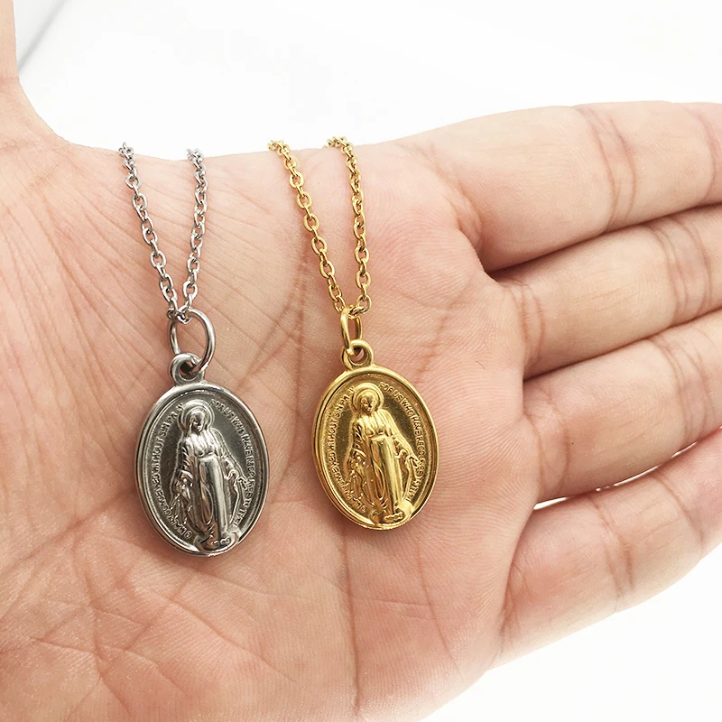 100% Stainless Steel Virgin Mary Medalla Pendants & Necklaces For Women Cross Virgen Maria Medallion Choker Religious