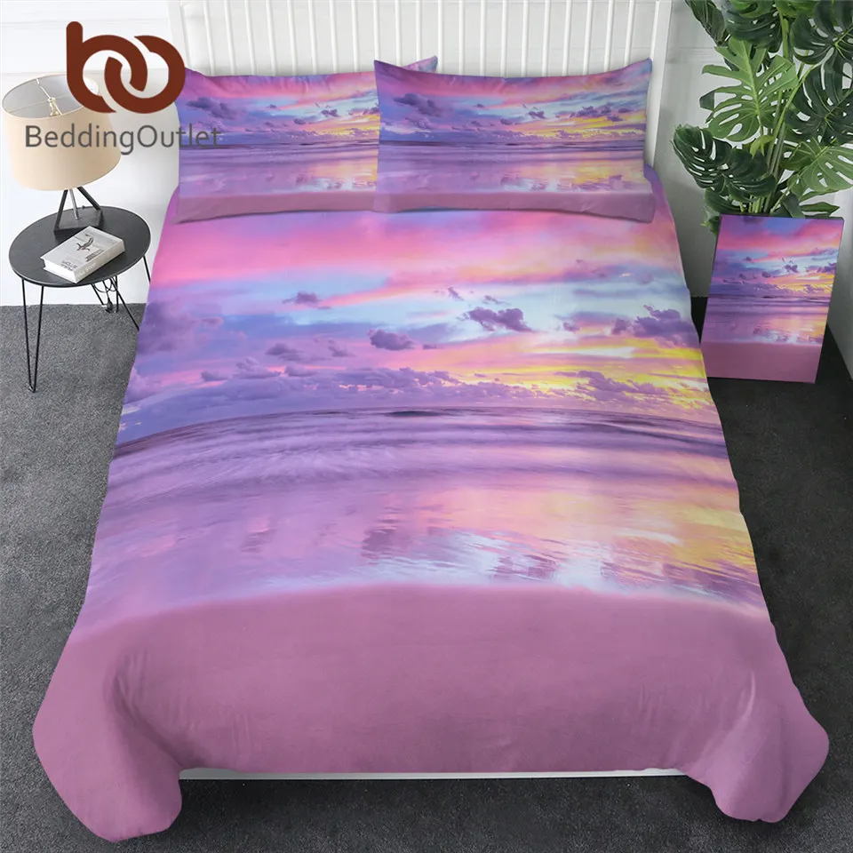 

BeddingOutlet Sunrise Bedding Set 3D Printed Beach Quilt Cover 3pcs Candy Pink Clouds Home Textiles Polyester Nature Bed Set