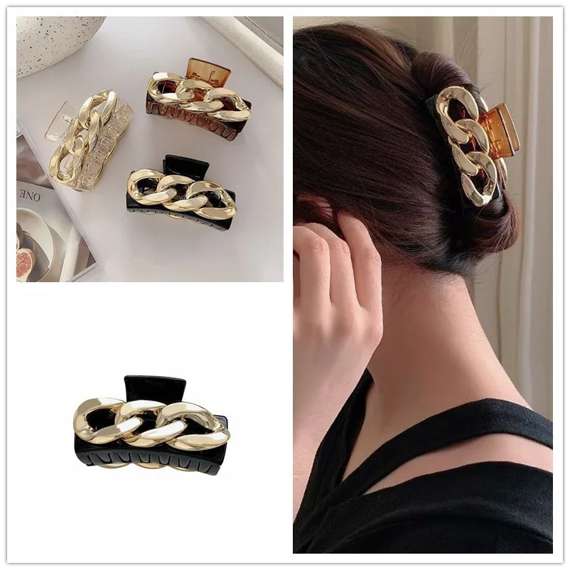 2021 New Fashion Crab for Hair Vintage Gold Chain Hair Claw Clips Catching Ponytail Holders Acrylic Hairpin Headwear Accessoires