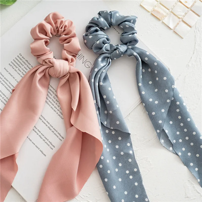 1 sztuk kobiety elegancki kwiatowy Print gumka do wlosow kokarda zespoły dziewczyna jedwabne gumki z kokardką elastyczna kucyk chustka do wlosow Satin Silk Scrunchies kropki opaska do włosów akcesoria