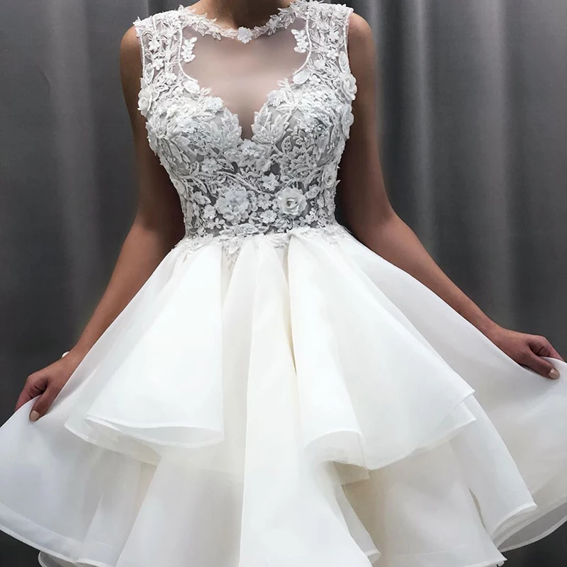 Lindo laço curto vestidos de casamento, até o joelho vestidos de noiva, o pescoço, sem mangas, cortar para trás, saia em camadas, novo, 2023