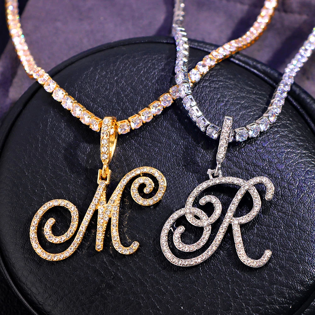 Bling Crystal Initial Cursive Letters Pendant Zircon Necklace For Women Men Stainless Steel Cuban Chain Necklace Hip Hop Jewelry