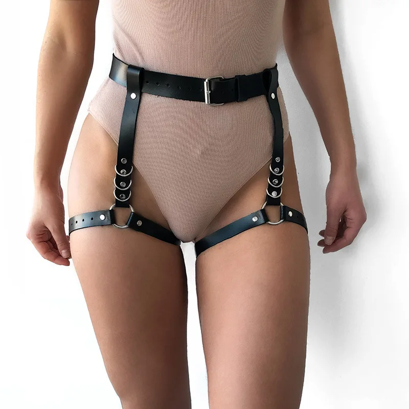 Leg Strap Leather Harness Garter Sadism Metal Buckle Adjustable Leather Bondage Straps Waist Belt Open Panties Costumes Erotic