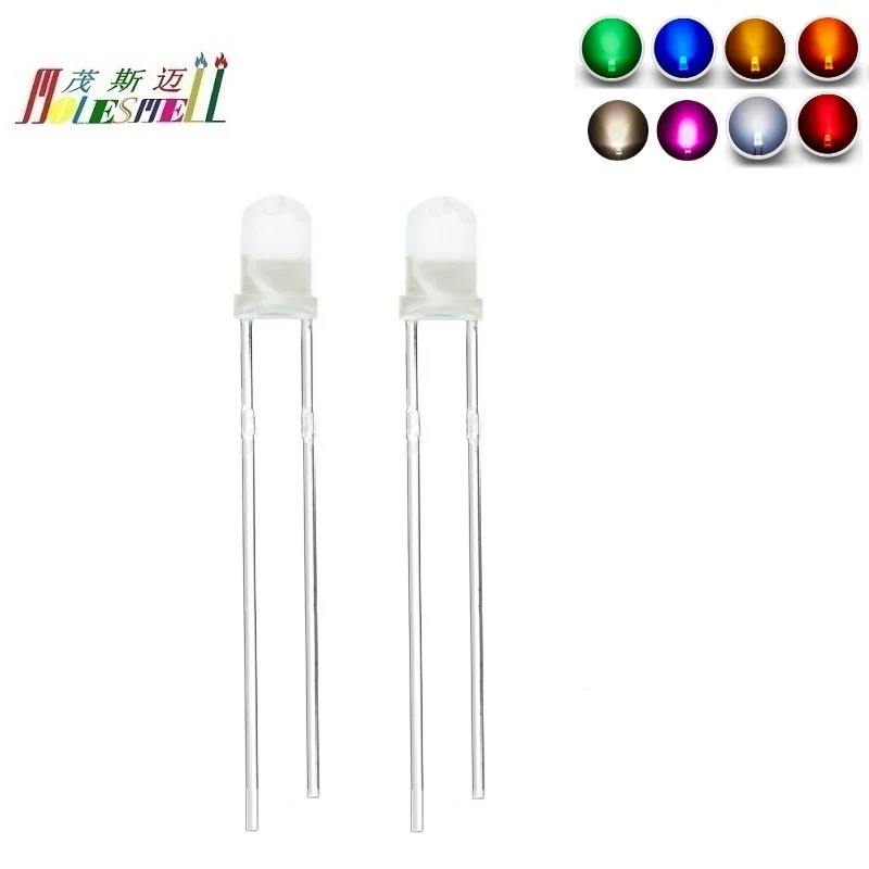 100pcs 3mm Led Diffused Milky White Lens Red Yellow Blue Green White Orange Pink Warm white LED Lamp Light Diodes