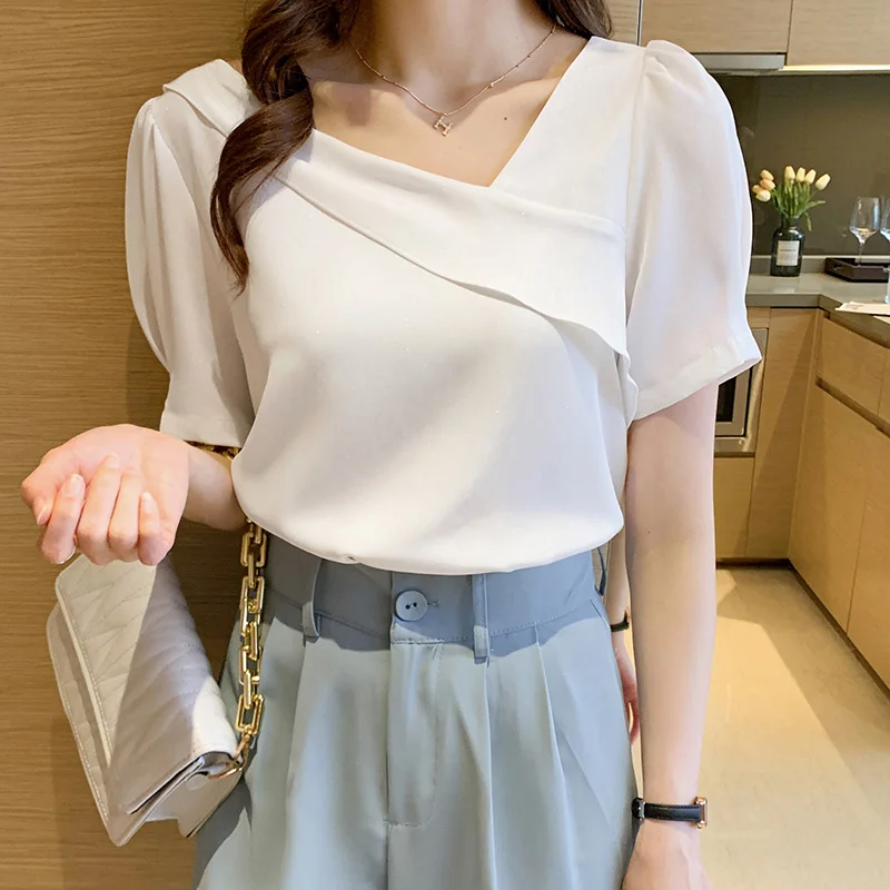 Blusas Blouses Femme Top Short Sleeve Blouse Women Blusas Mujer De Moda 2024 Ruffles V-Neck Chiffon Blouse Shirt Tops Women E882