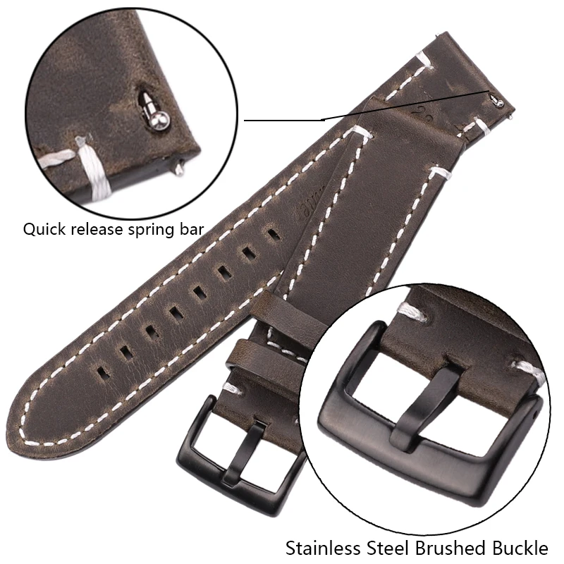 Genuine Leather Watch Band Strap Manual Men Thick 7 Colors 18mm 20mm 22mm 24mm Watchbands Stainless Steel Buckle Accessories